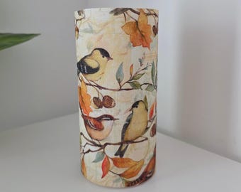 Autumn Birds & Acorns LED Candle: Fall Leaves Decoupage Pillar