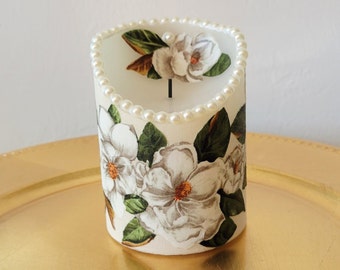 LED Pillar Candle With Magnolia Blossoms