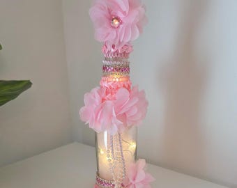 Light Up Glass Bottle With Tulle Flowers And Crystal Strands, Shabby Chic Decor