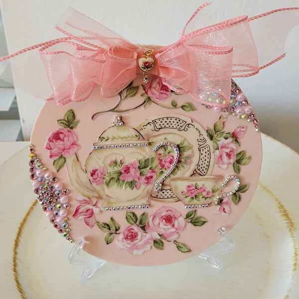 Shabby Chic Wooden Disc (Large 6 3/4") With A Teapot, Teacup, Saucer, Roses And Crystals - Comes With Stand