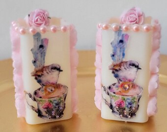 Shabby Chic LED Votives (Petite Set of 2)  With Songbirds And Pink Roses