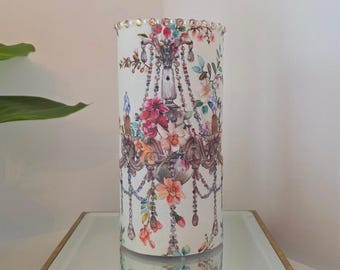 Shabby Chic Chandelier LED Candle, Pink Floral Flameless Pillar, Elegant Home Decor with Pearls & Crystals