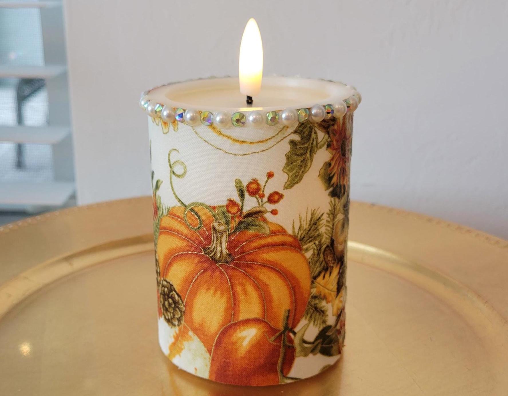Fall LED Pillar Candle With Pumpkins, Apples, Fall Leaves And Gourds