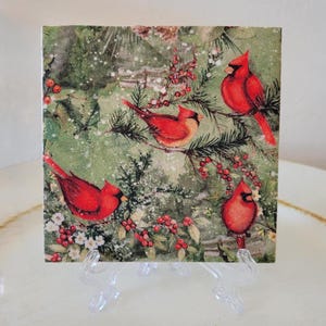 May include: A square decorative tile featuring four red cardinal birds perched on evergreen branches with red berries. The background has a snowy, wintery scene with white flowers and green foliage. The tile is displayed on a clear plastic stand.