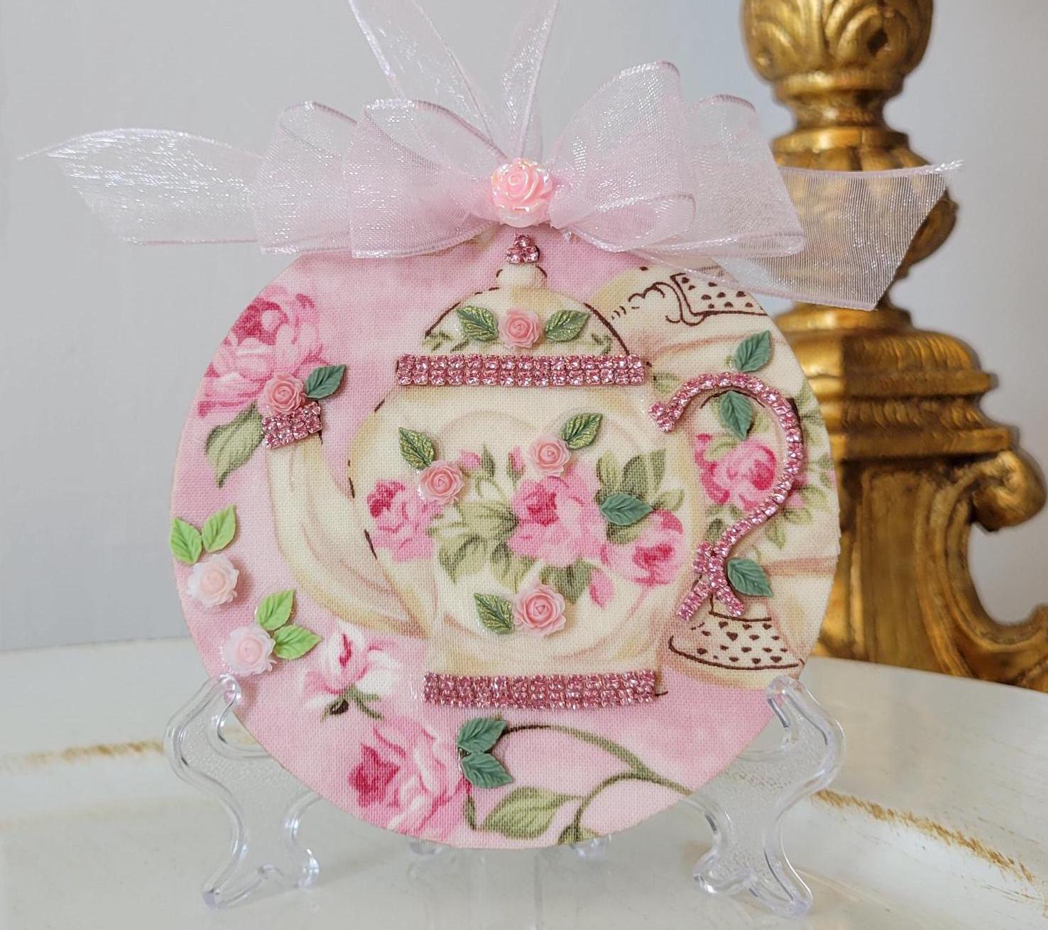 Shabby Chic Ornament With A Teapot, Crystals And Roses - Comes With Stand