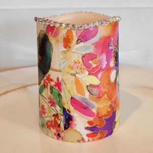 Watercolor Flower LED Pillar Candle: Hand Decorated Crystal Accent