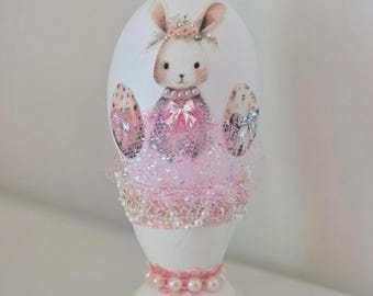 Oeuf shabby chic en bois massif avec support, lapin de Pâques