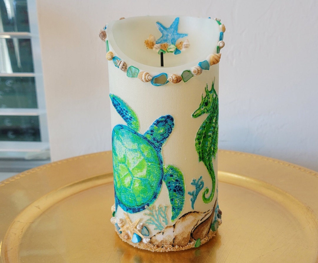Led Pillar Candle With Sea Turtles, Sea Horses, Seashells, Sea Glass ...