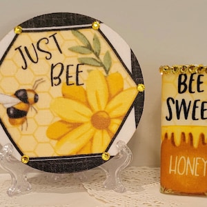 LED Votive (Petite) With Honeybee Design With A Matching Ornament On A Stand (Three Piece Set)