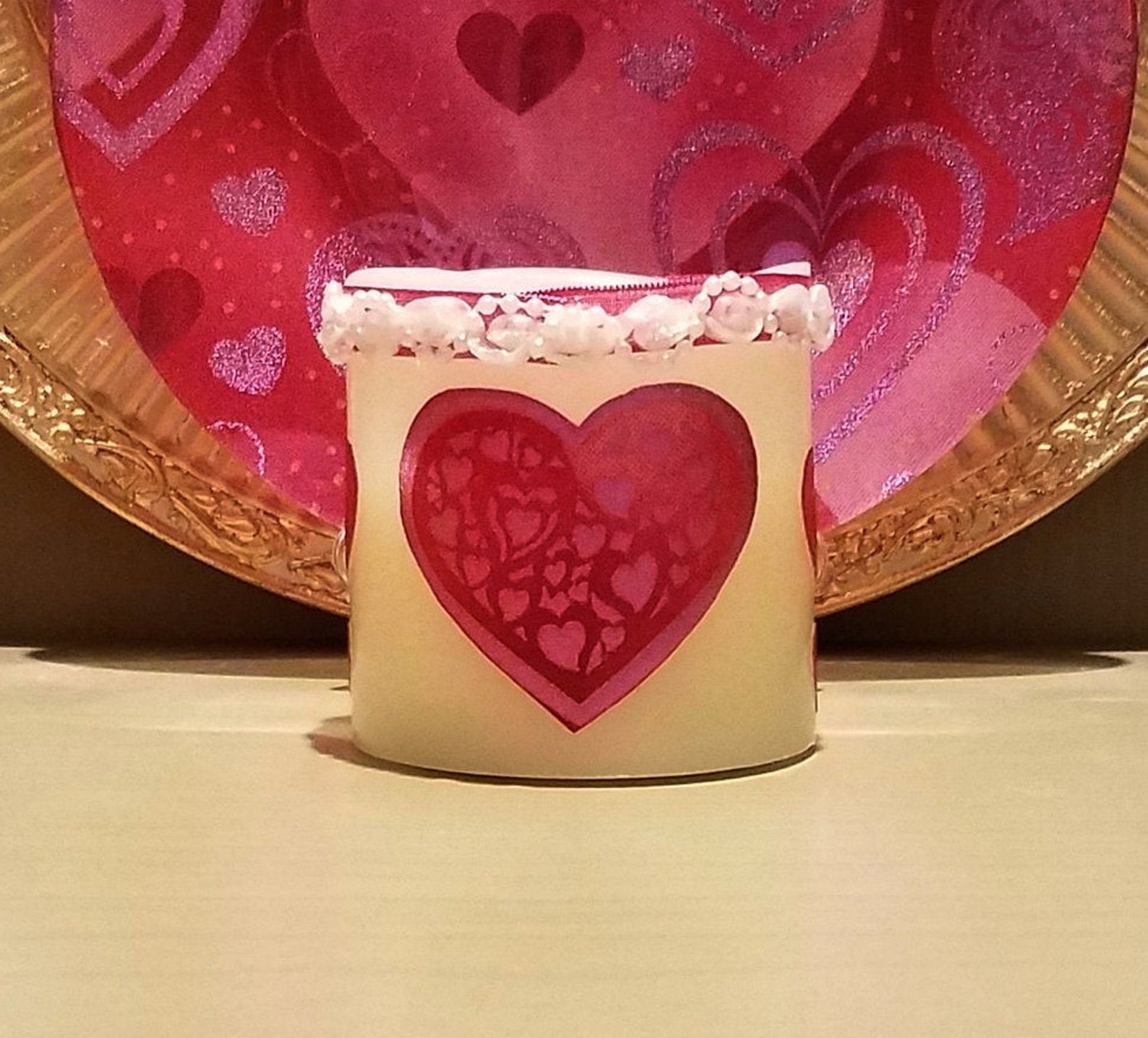 LED Pillar Candle With Valentines Day Hearts and Ribbon with Pearls