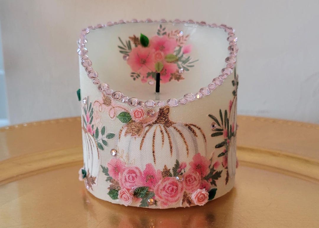 Shabby Chic Led Pillar Candle With Pink Pumpkins and Crystals - Etsy