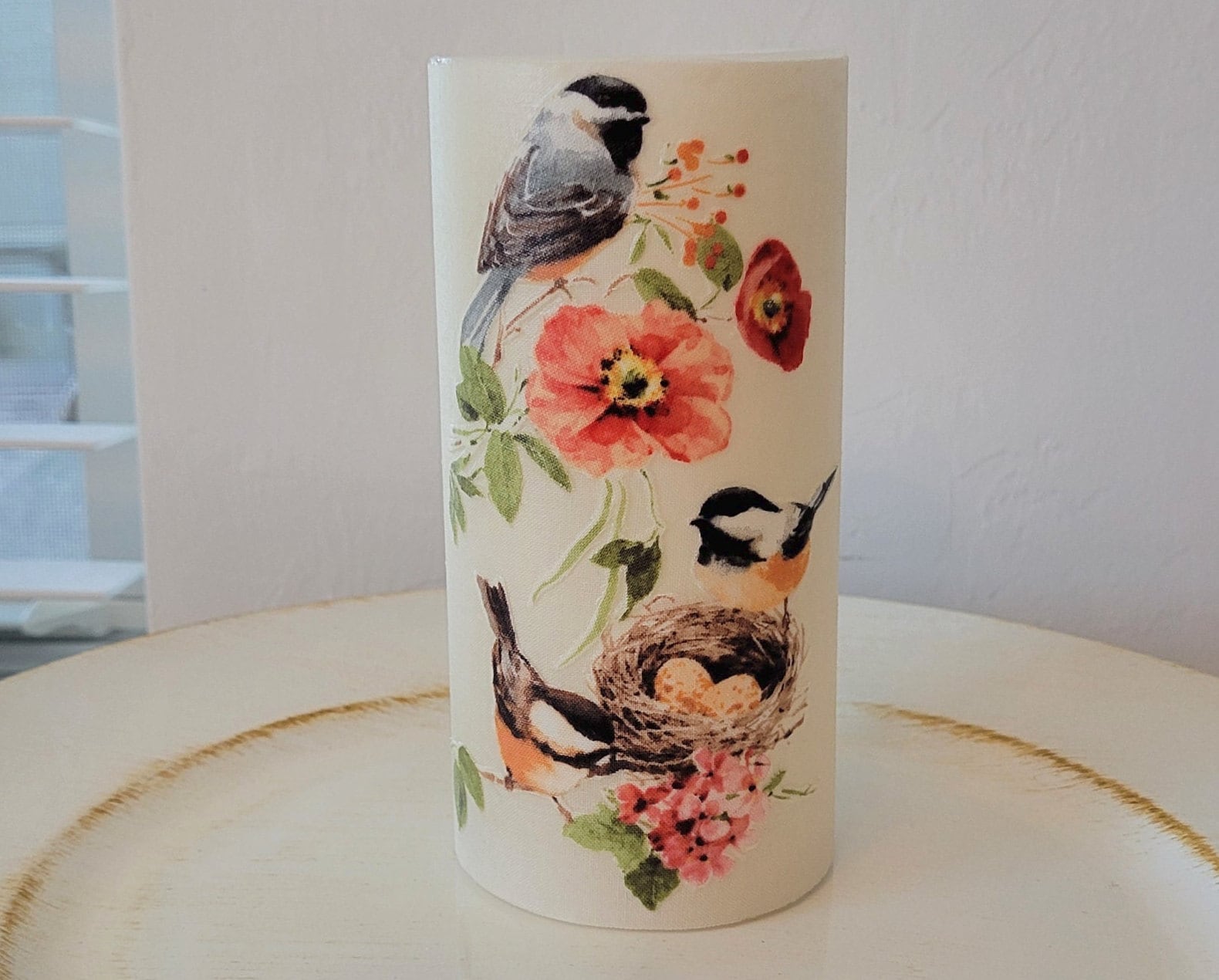 LED Pillar Candle With Chickadees And Flowers, Birds Nest