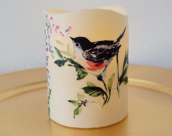 LED Pillar Candle With Watercolor Songbirds And Flowers