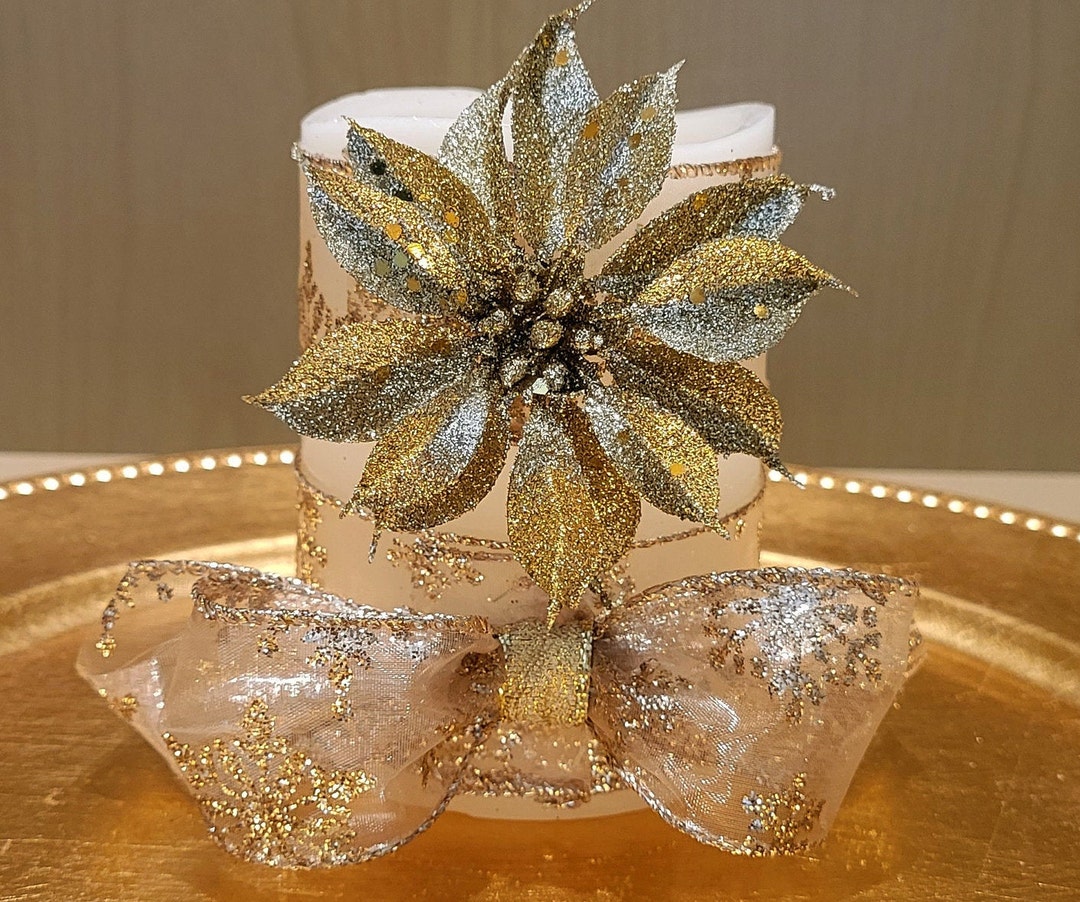 Christmas Led Pillar Candle With A Sparkly Poinsettia and Etsy