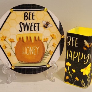 LED Votive (Petite) With Honeybee Design With A Matching Ornament On A Stand (Three Piece Set)