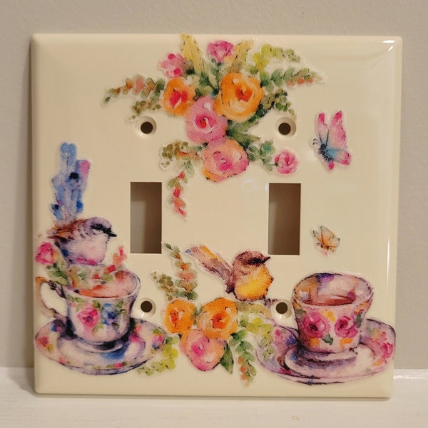 Light Switch Plate With Teacups, Roses, Songbirds And Butterflies