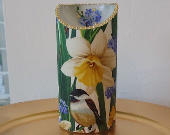 Led Pillar Candle With Chickadees Among The Flowers