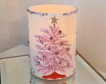 Pink Christmas Tree LED Candle | Shabby Chic Holiday Decor | Flameless Pillar with Crystals