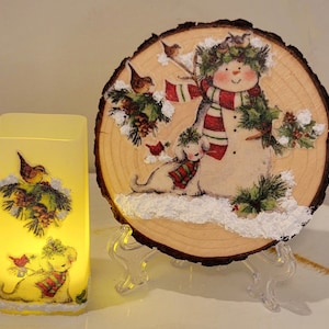 Hand Decorated LED Votive & Snowman Puppy Ornament Set (With Stand)