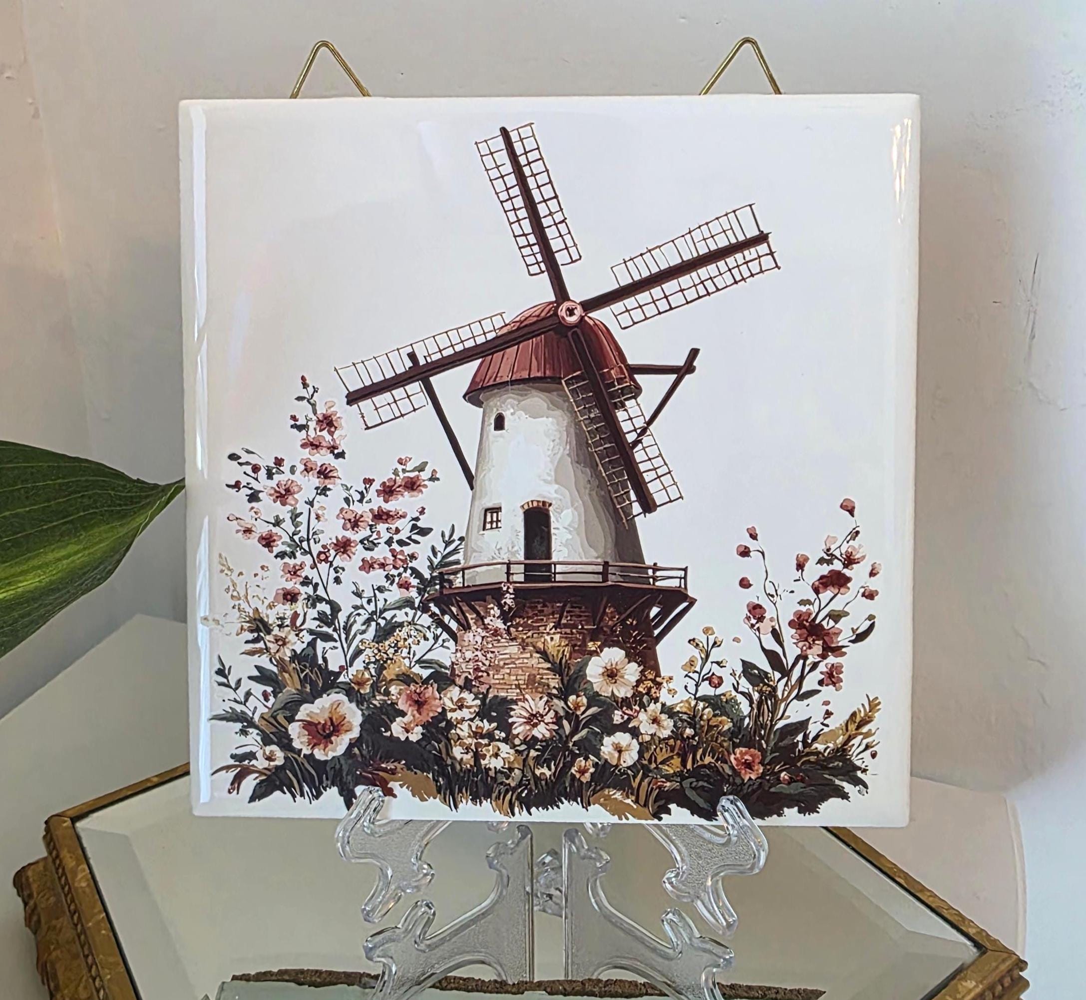 Ceramic Tile With A Windmill And Flowers - Comes With Stand