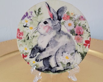 Wood Ornament With A Beautiful Bunny In The Flower Garden