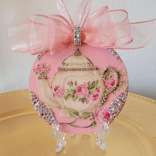 Shabby Chic Ornament With A Teapot, Roses And Crystals - Comes With Stand