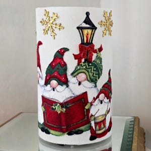 Christmas Caroling Gnomes LED Candle, Whimsical Holiday Flameless Pillar, Farmhouse Christmas Decor