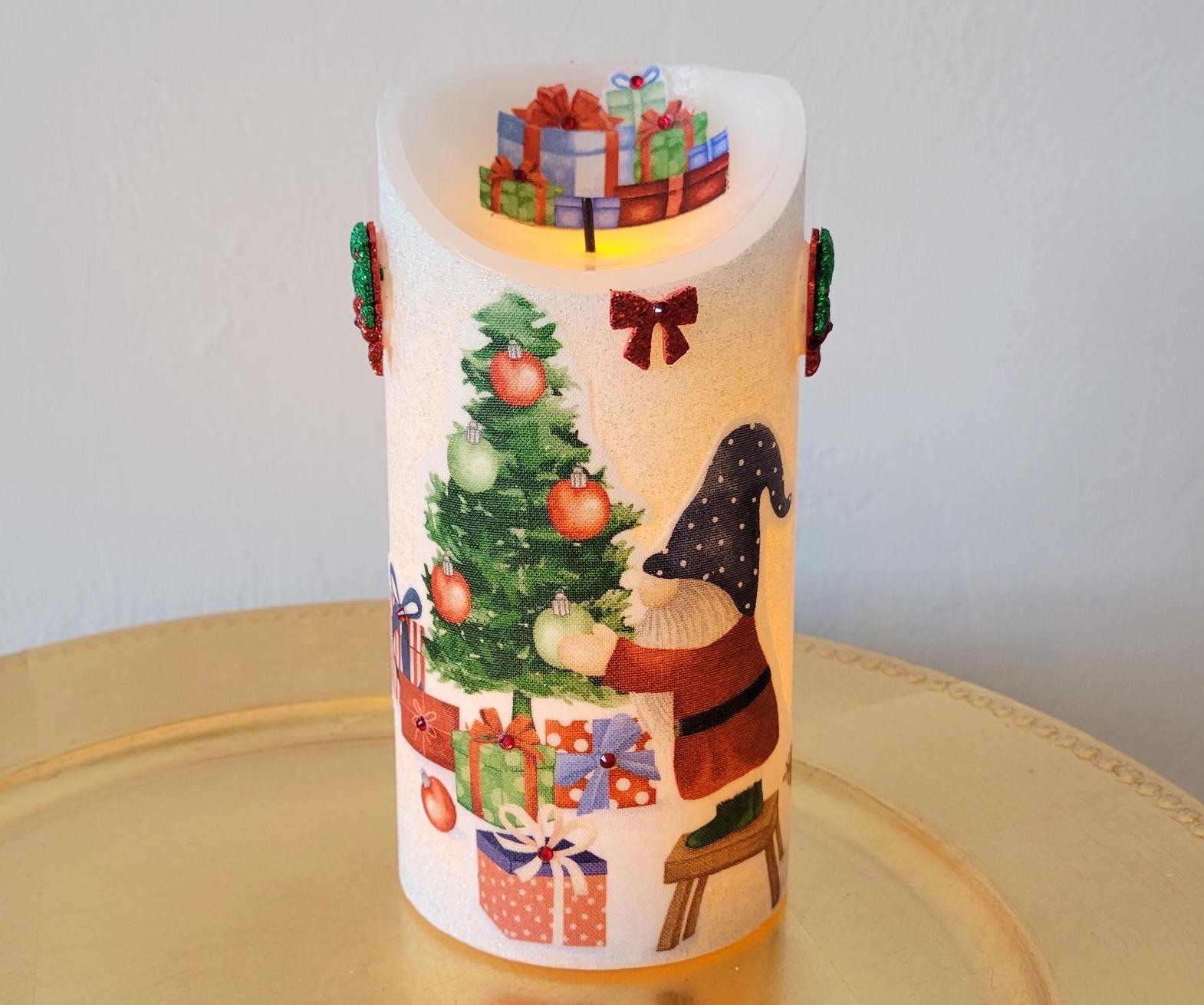 LED Candle With Christmas Gnomes, Christmas Tree And Gifts