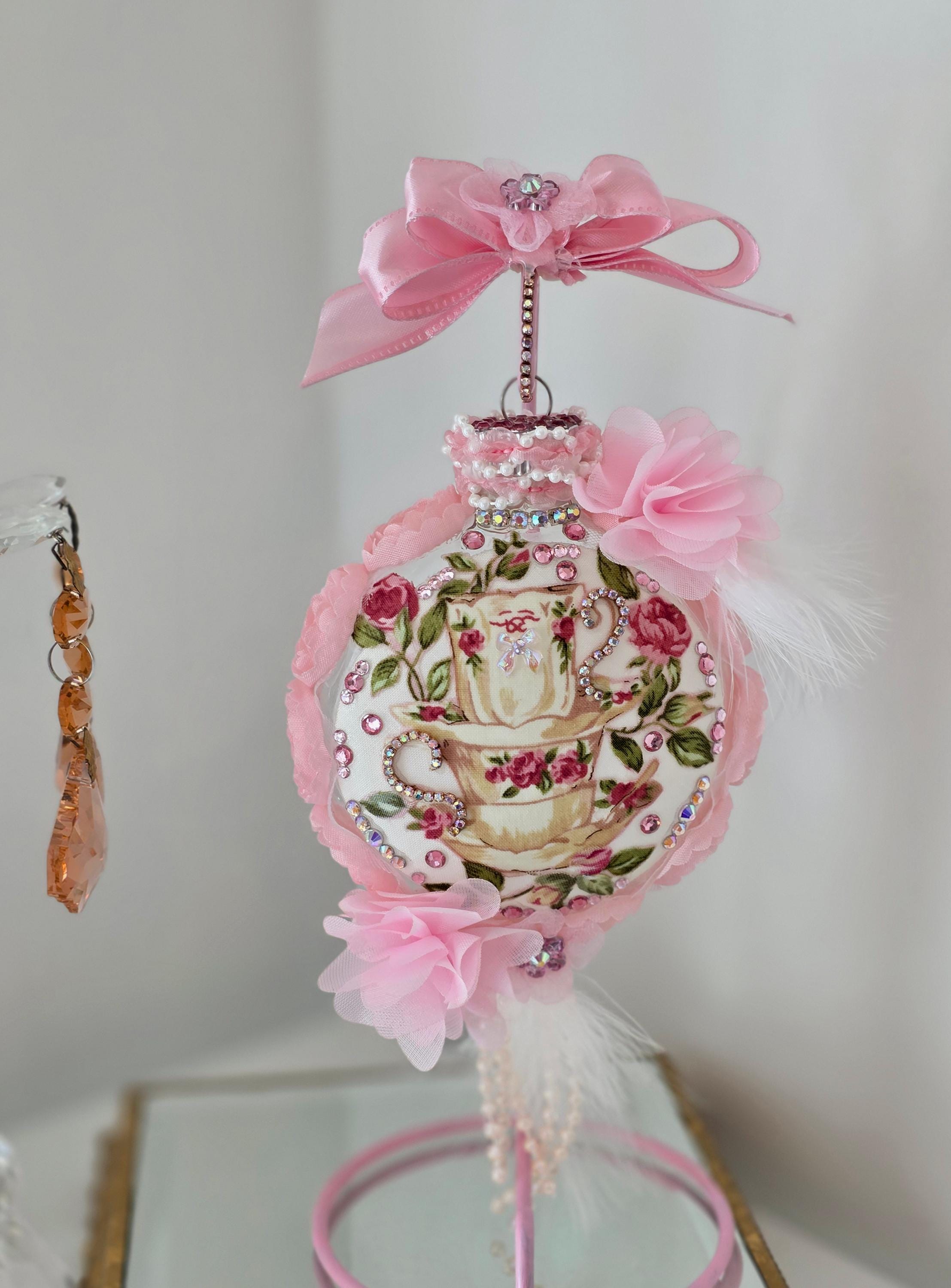 Shabby Chic Teacups And Roses Glass Ornament - Comes With Stand