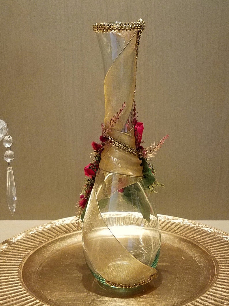 Decorative Glass Vase Adorned With Gold Ribbon and Red Roses Etsy