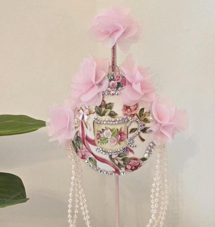 Shabby Chic Teacup And Roses Glass Ornament - Comes With Stand