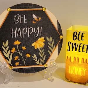 LED Votive (Petite) With Honeybee Design With A Matching Ornament On A Stand (Three Piece Set)