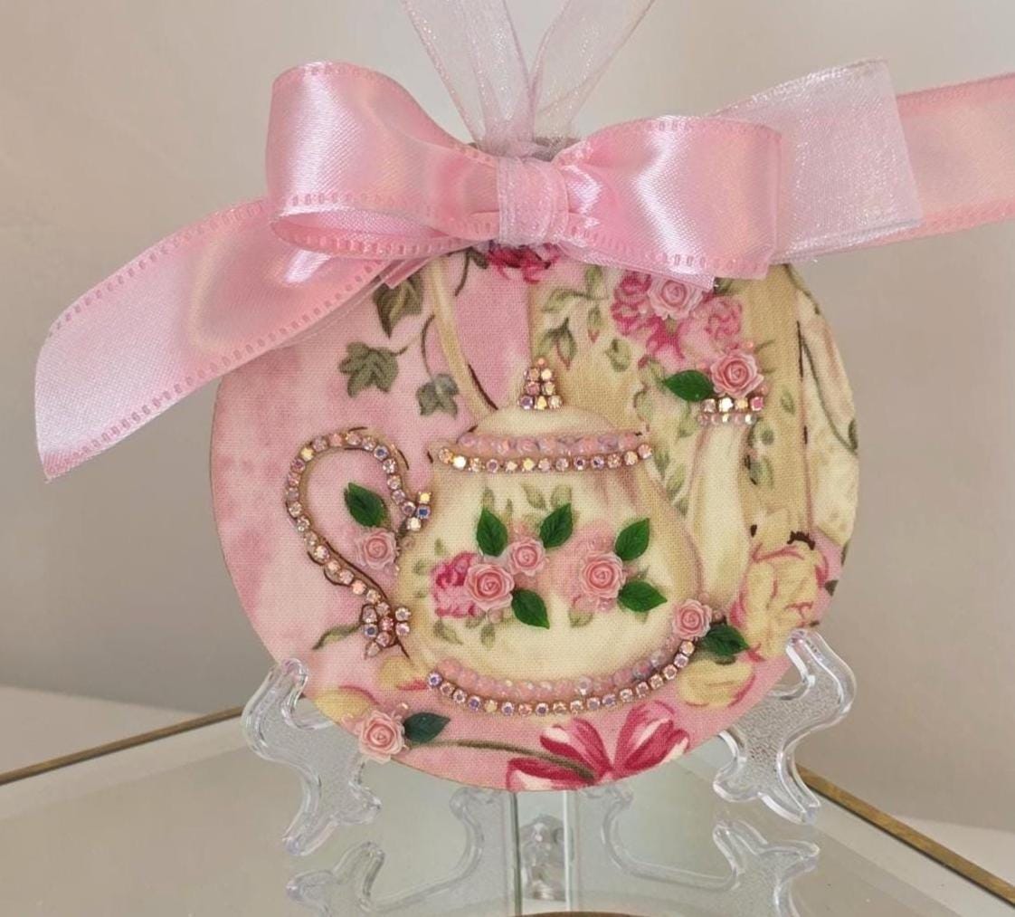 Shabby Chic Ornament With A Teapot, Roses And Crystals - Comes With Stand