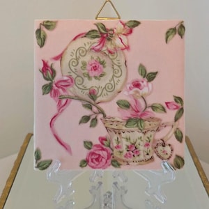 Shabby Chic Ceramic Tile With Teacup, Roses And Saucer- Comes With Stand