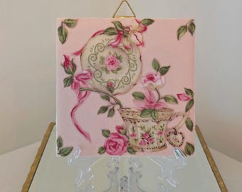Shabby Chic Ceramic Tile With Teacup, Roses And Saucer- Comes With Stand