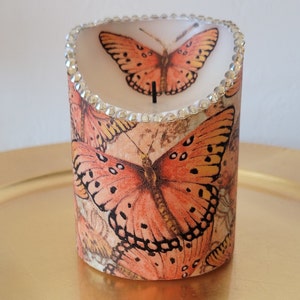 Butterfly LED Pillar Candle: Hand Decorated Flickering Light