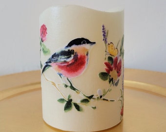 Watercolor Songbird LED Candle, All Season Floral Flameless Pillar, Garden Lover Gift
