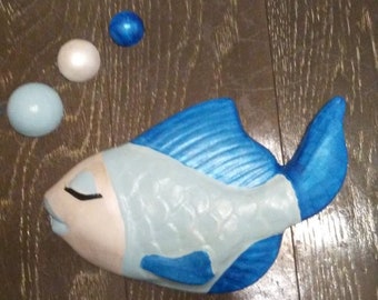 Baby Blue Fish Set, Chalkware Wall Decor, Hand Painted Set of fish, Blue Wall hanging Fish, Home Decor, Retro Vintage Fish, Anthropomorphic