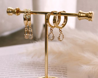 Gold Plated Huggie Earrings: Dainty Teardrop & Lock Charms