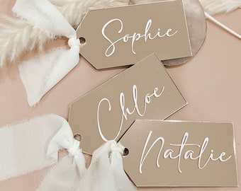 Rose Gold Mirrored Acrylic Wedding Place Cards with Chiffon Ribbon