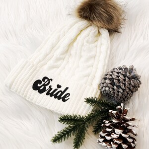 Retro Bride Beanie: Winter Honeymoon Gift with Faux Fur Pom