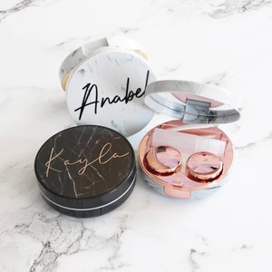 Personalized Marble Contact Lens Case: Chic Travel Set with Mirror