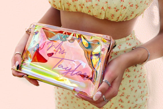 Name Makeup Bags - Bridesmaid Bags - Gift for Bride - Personalized Mrs Bag Monogram Bridesmaid Gift Ideas Gold Cosmetic Bags Metallic Bag Il_570xn