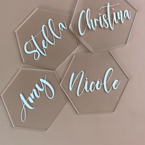 Set of 6 Personalized Acrylic Hexagon Place Cards: Wedding Favors