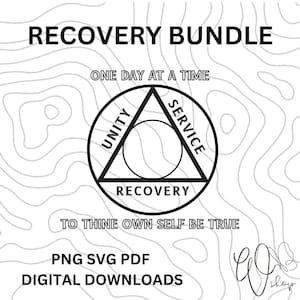 Pode incluir: Gráfico preto e branco de um triângulo com as palavras "Unidade", "Serviço" e "Recuperação" inscritas nos lados. O triângulo envolve um círculo com a palavra "Recuperação" dentro. O texto "Um dia de cada vez" e "Seja fiel a si mesmo" também está incluído. A imagem é para downloads digitais de arquivos PNG, SVG e PDF.