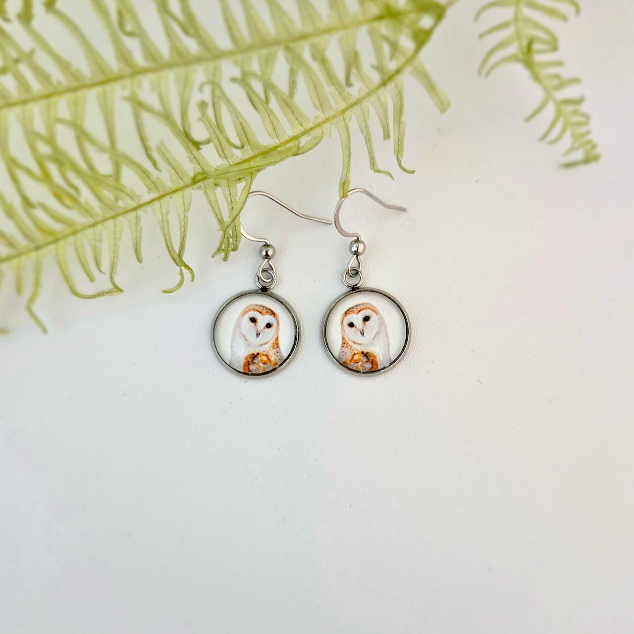 Owl Earrings - From Original Watercolor Painting - Small Glass and Stainless Steel Dangle Earrings -