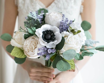 Diameter 9" Hand tied BLUE ASTILBE Boho White Paper Bridal Bouquet, Alternative Wedding, Paper Flower Bouquet, Wedding Accessories
