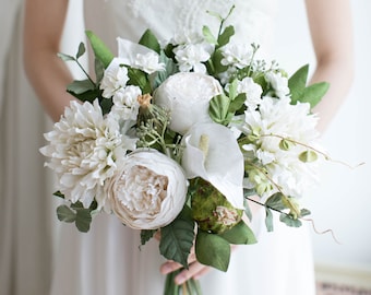 Diameter 9" Hand tied JASMINE Paper Bridal Bouquet - Alternative Wedding, Paper bridal bouquet, White Wedding, Bride Paper Bouquet