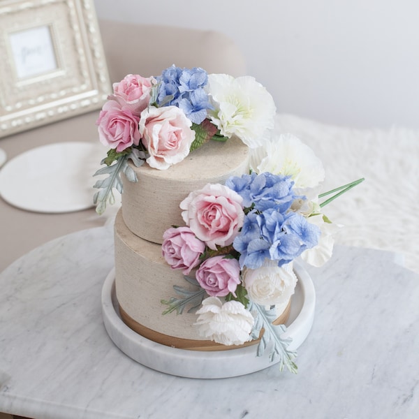 Juego de topper de pastel de flores de papel ROSA y AZUL, accesorios de boda, juego de topper de pastel de flores de papel para boda