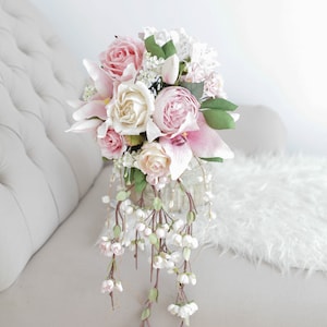 Bouquet di carta ricordo a cascata CHERRY BLOSSOM su misura, fiori di carta per matrimonio, set per matrimonio per la sposa, diametro 9 pollici, matrimonio rosa